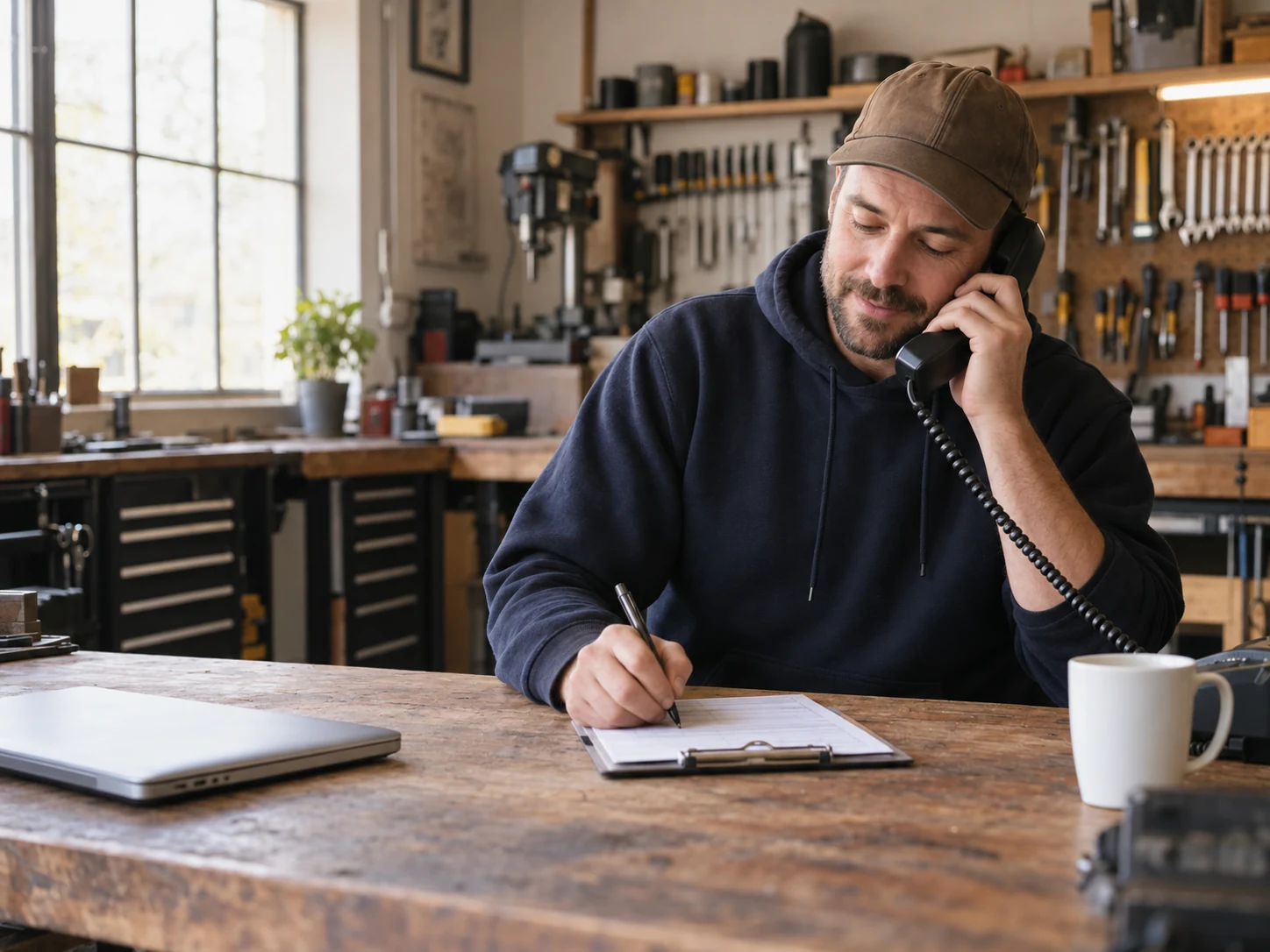 A service business owner taking a call at his workshop desk