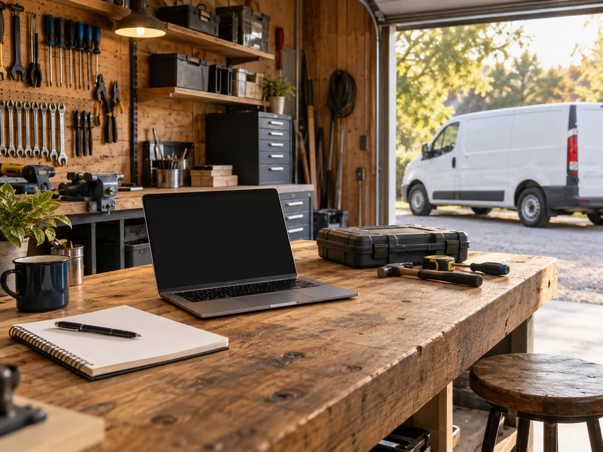 An organized workshop desk with tools and a service van outside